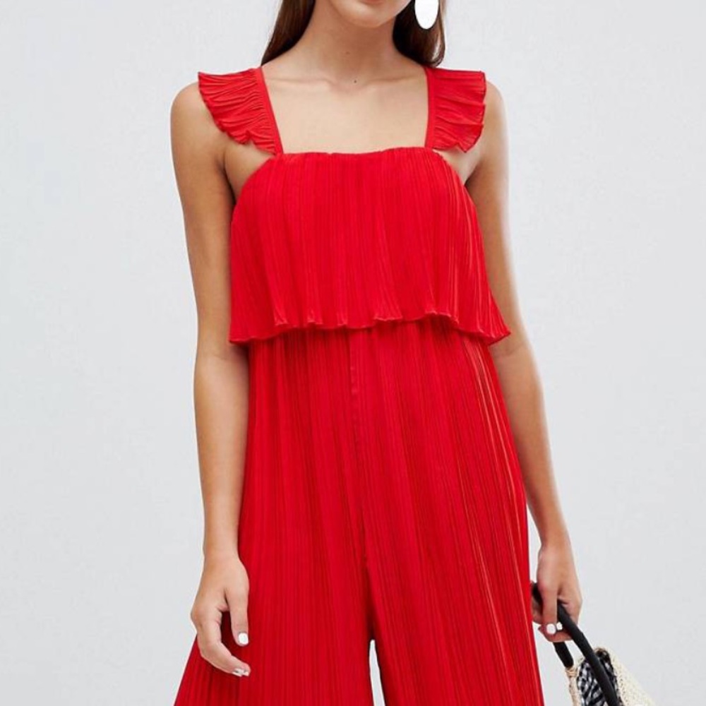 Red pleated jumpsuit